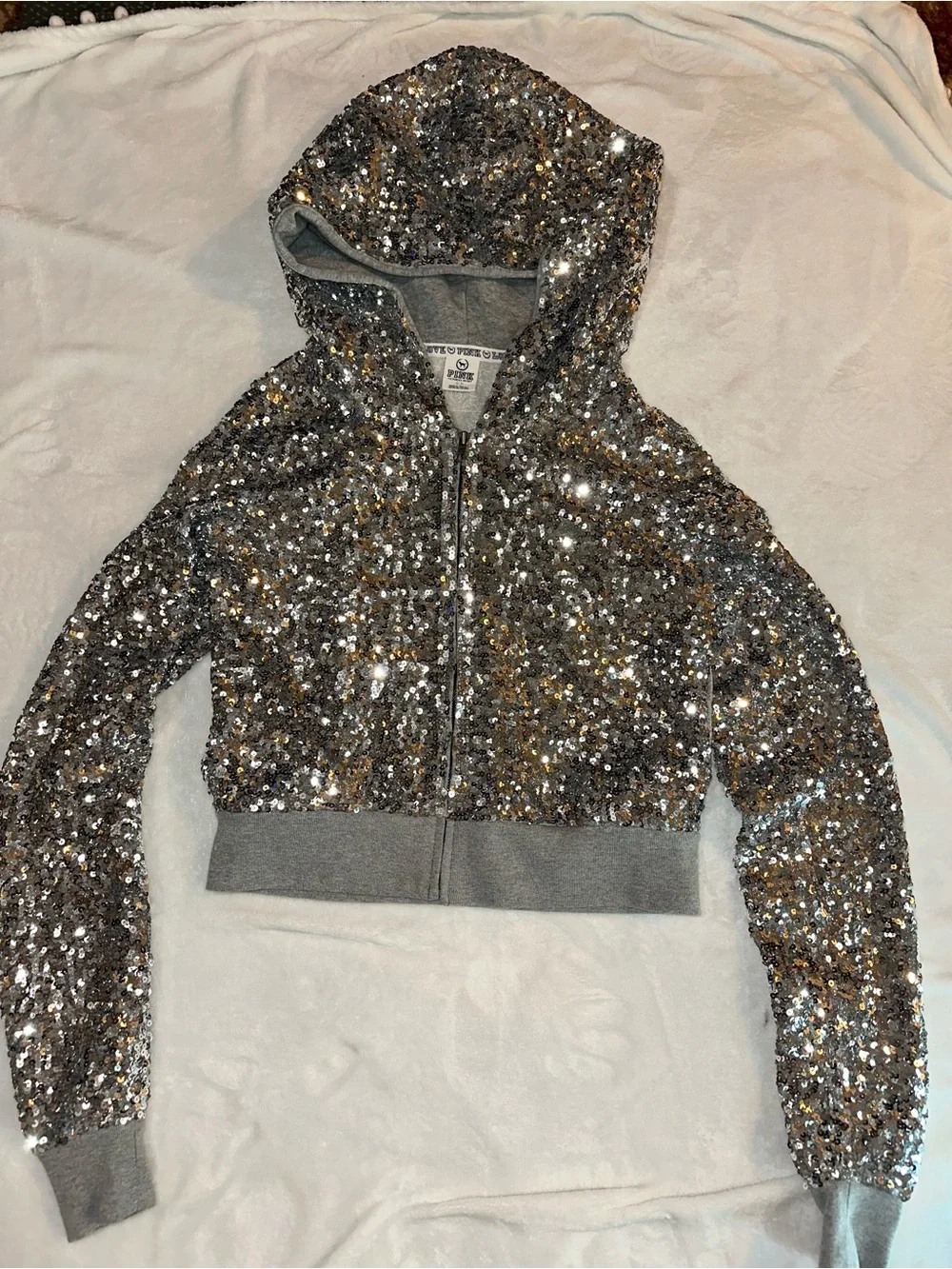 PINK Victoria's Secret Silver Sequin 'LOVE PINK' Hoodie - Picture 9 of 10